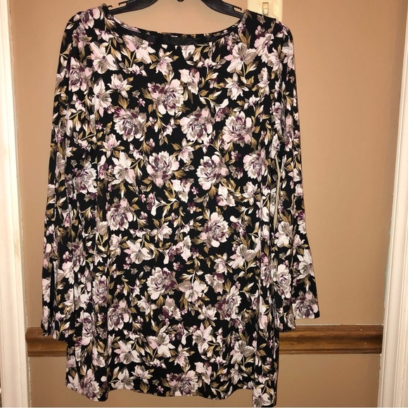 J Jill Luxe Supima Split Long Sleeve Tunic Shirt Floral Black Medium - Picture 2 of 6